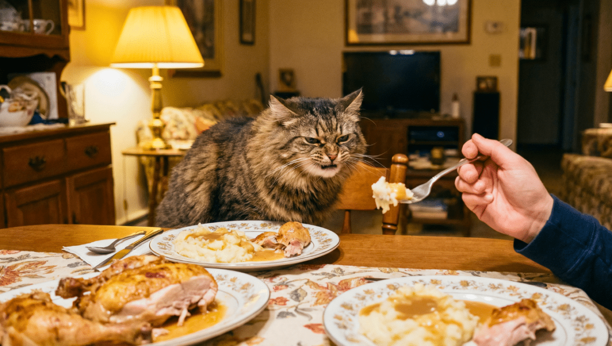 Angry cat sitting at a table staring at a spoon of mashed potatoes held by a human hand.
