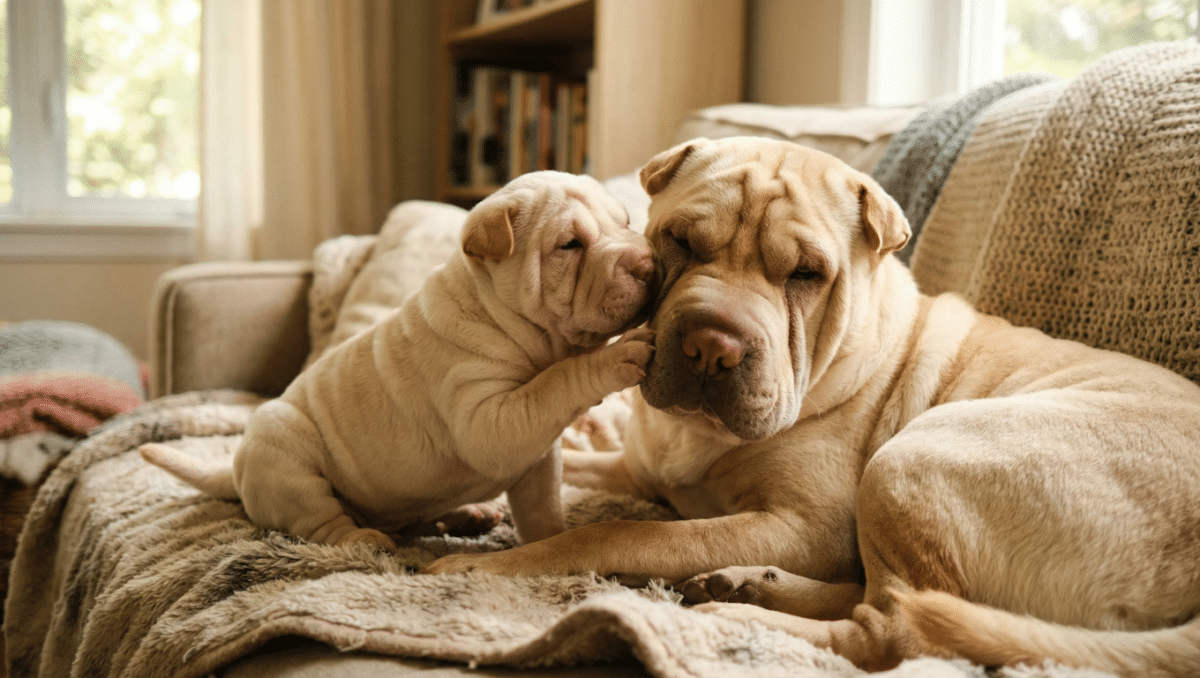 Shar-Pei puppy resting his paw on his mother’s face while lying on a couch.