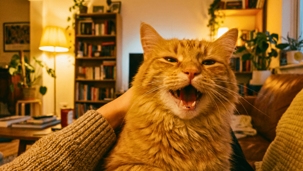 Orange cat with mouth wide open as if singing in a cozy living room.