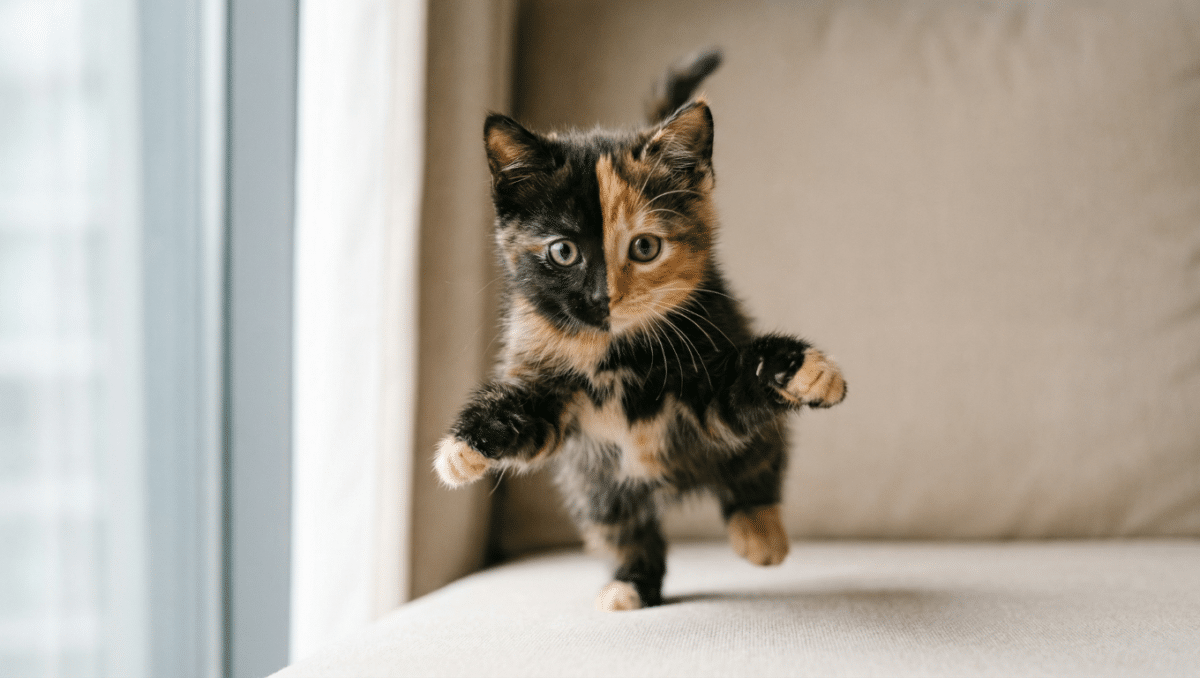 Tortoiseshell kitten with a face split into two distinct colors standing on a couch.